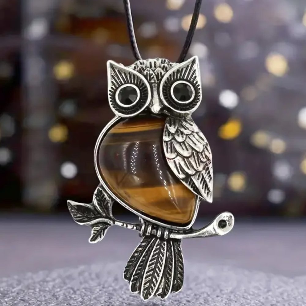 Tiger Eye Natural Stone Owl Pendant Healing Gemstone Necklace